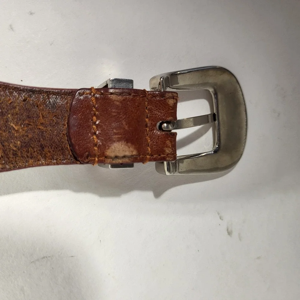 Brown Leather Belt 46 Silver‑Tone Buckle Medallions Western Unisex